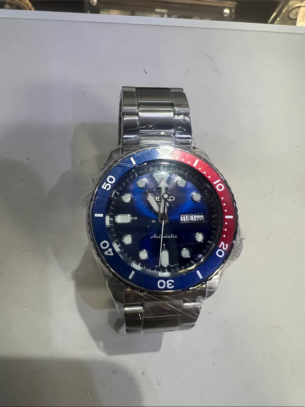 Automatic Seiko Blue Dial Diver Watch with Red & Blue Bezel